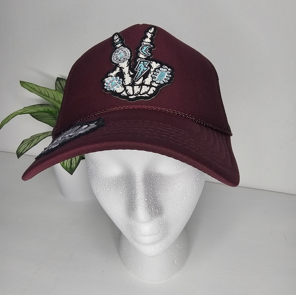 Otto Maroon 💀  Trucker Hat Skeleton Peace Patch & Dia De Los Muertos Vibes
